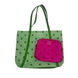 Clinique x Kate Spade Travel Tote and Zip Pouch 2pc Set in Green and Pink Dot